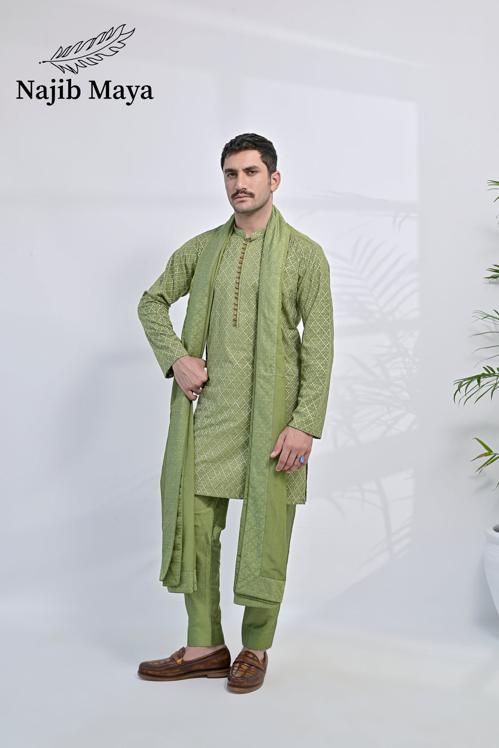 Pista Green Embroidery Kurta Pajama + Shawl For Men's