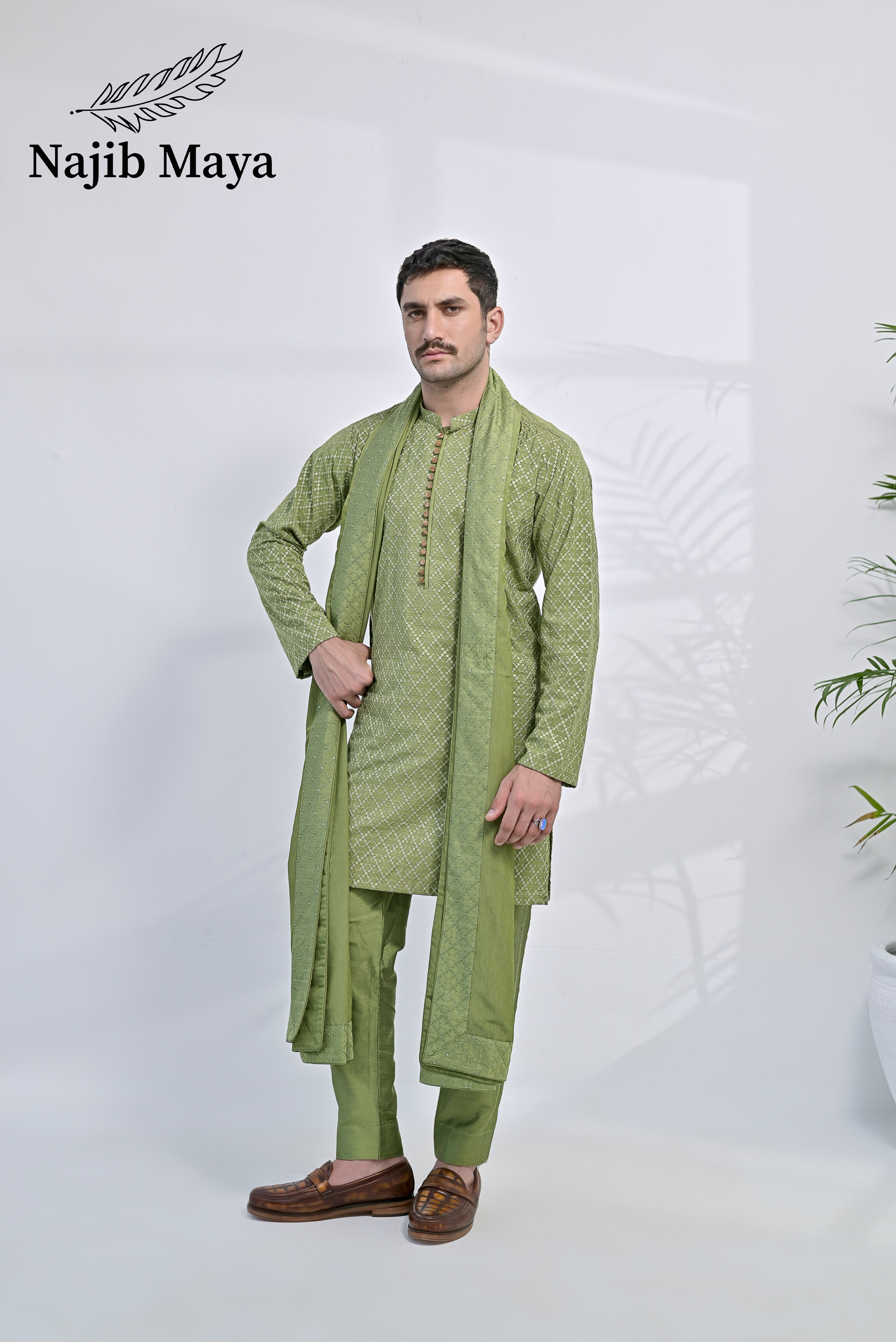 Pista Green Embroidery Kurta Pajama + Shawl For Men's