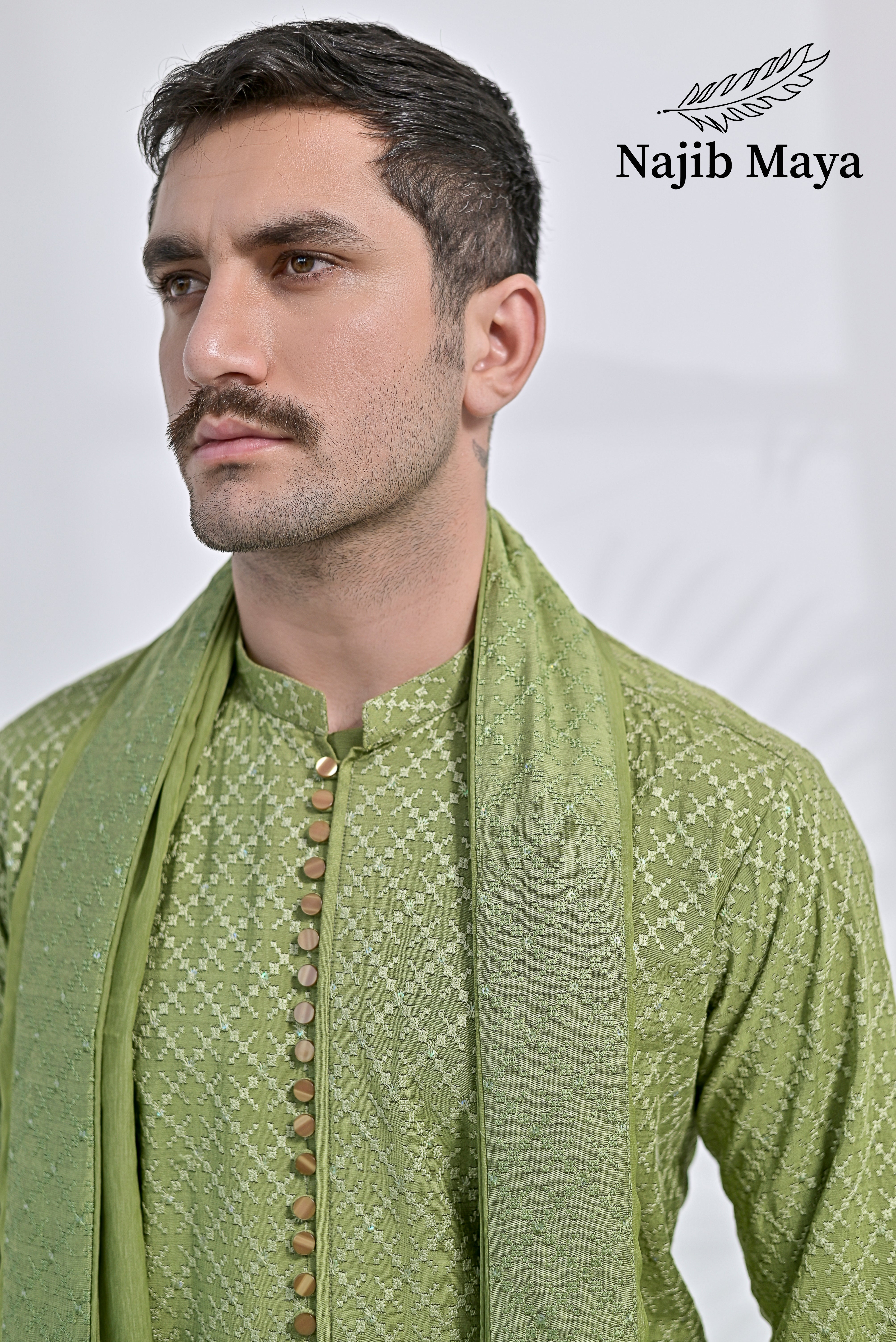 Pista Green Embroidery Kurta Pajama + Shawl For Men's Secondary image