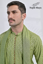 Pista Green Embroidery Kurta Pajama + Shawl For Men's