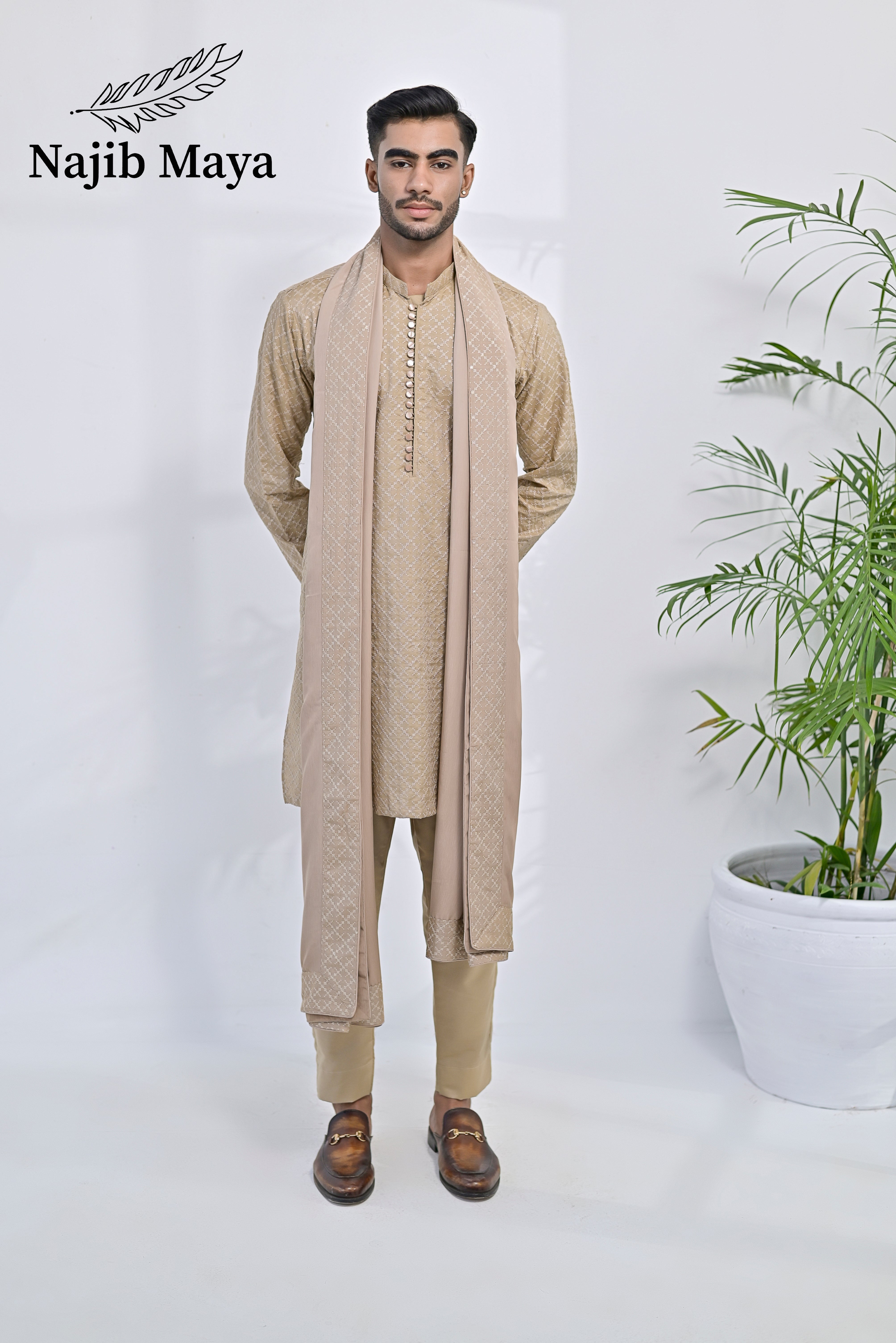 Mate Gold Embroidery Kurta Pajama + Shawl For Men's Main image