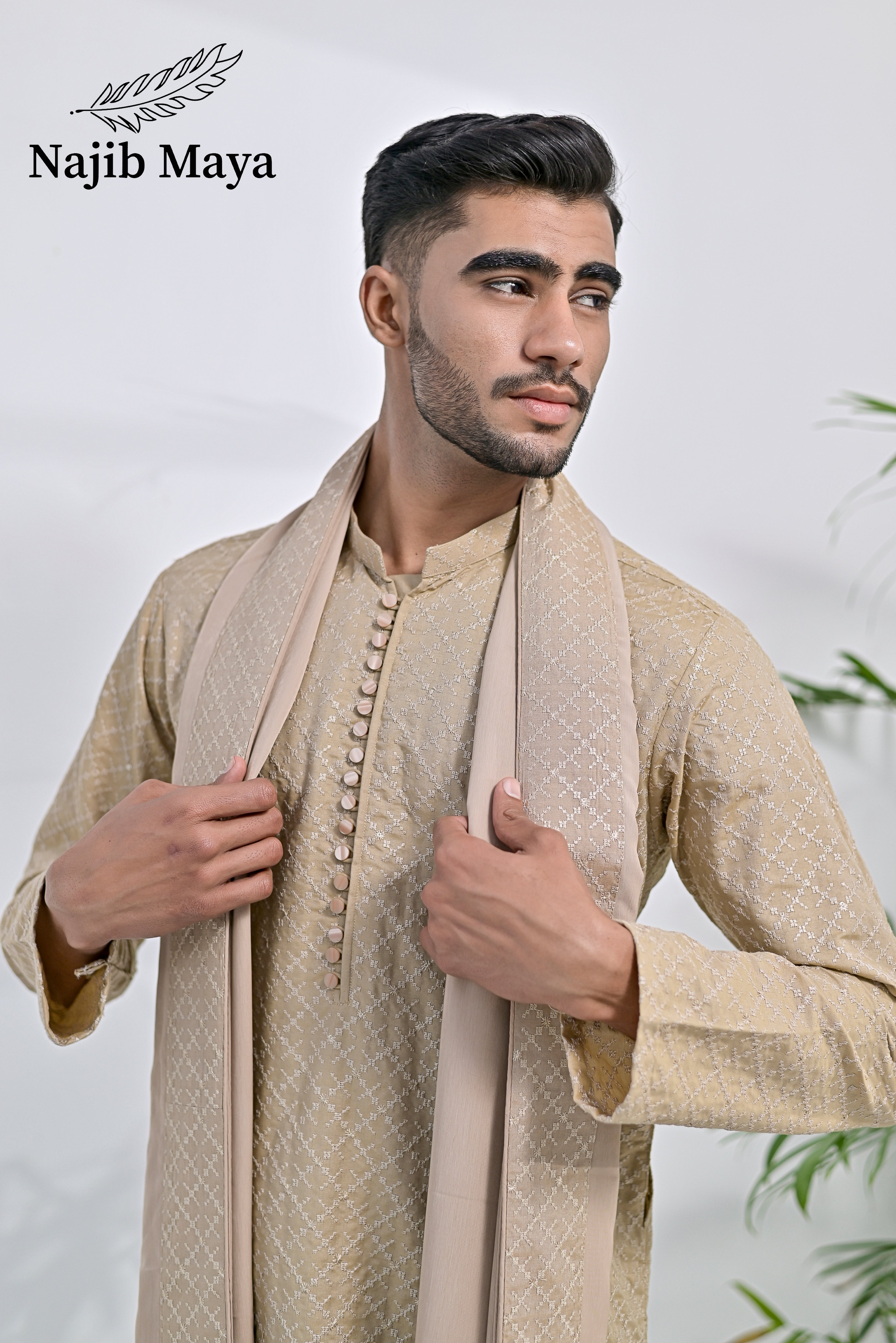 Mate Gold Embroidery Kurta Pajama + Shawl For Men's