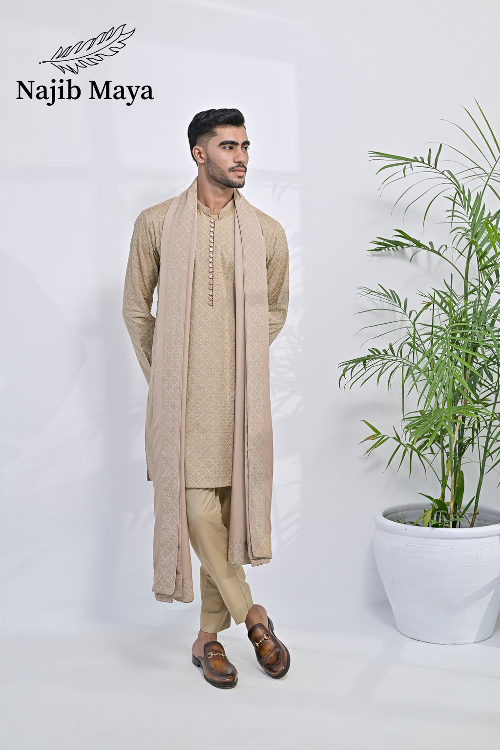 Mate Gold Embroidery Kurta Pajama + Shawl For Men's