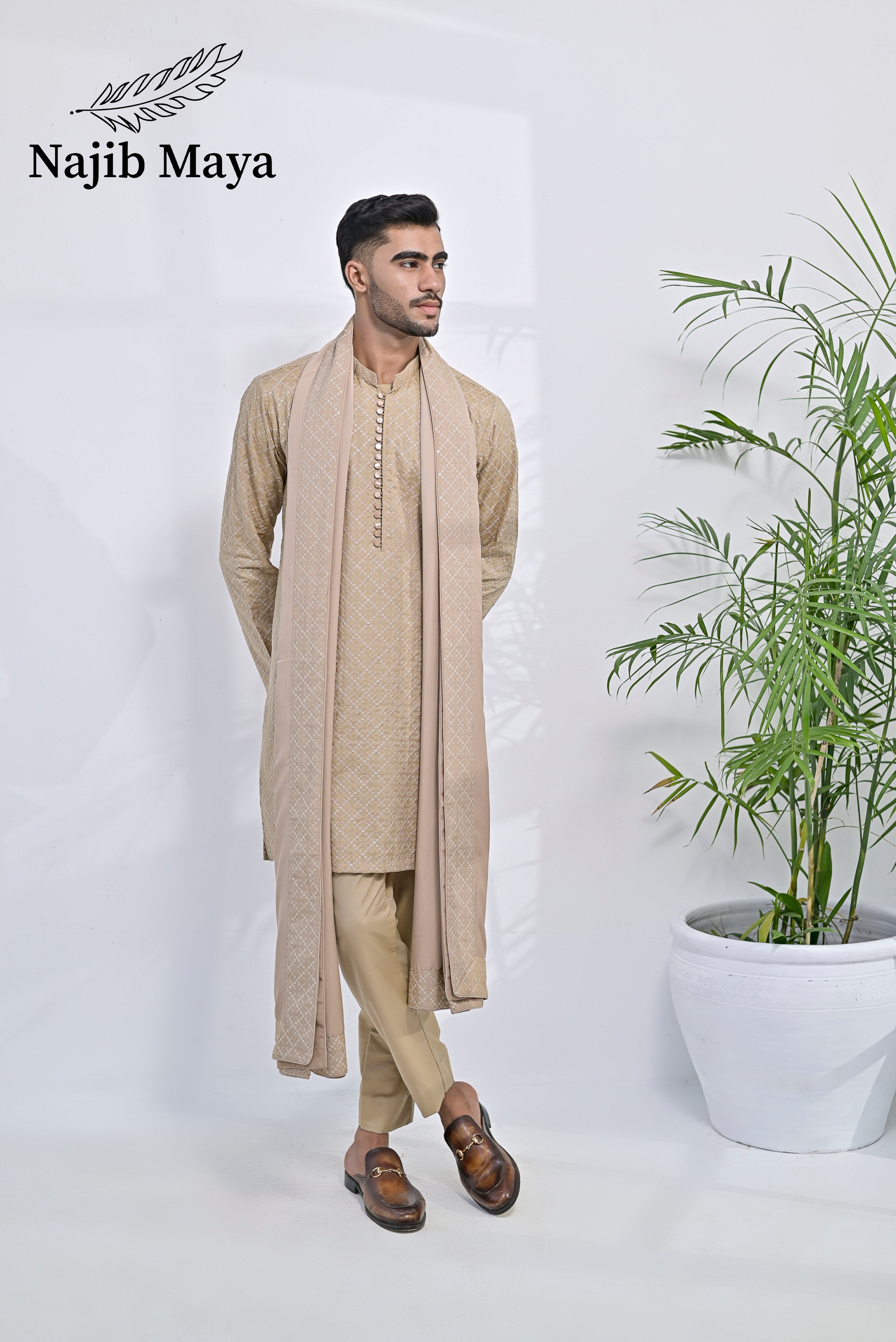 Mate Gold Embroidery Kurta Pajama + Shawl For Men's