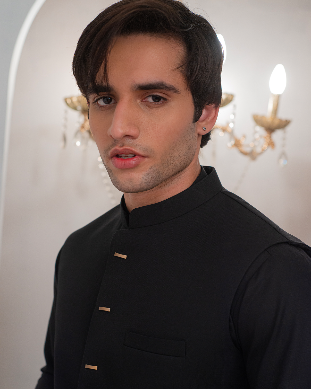 Black Kurta Bell Bottom Pajama + Waist Coat For Men's Secondary image