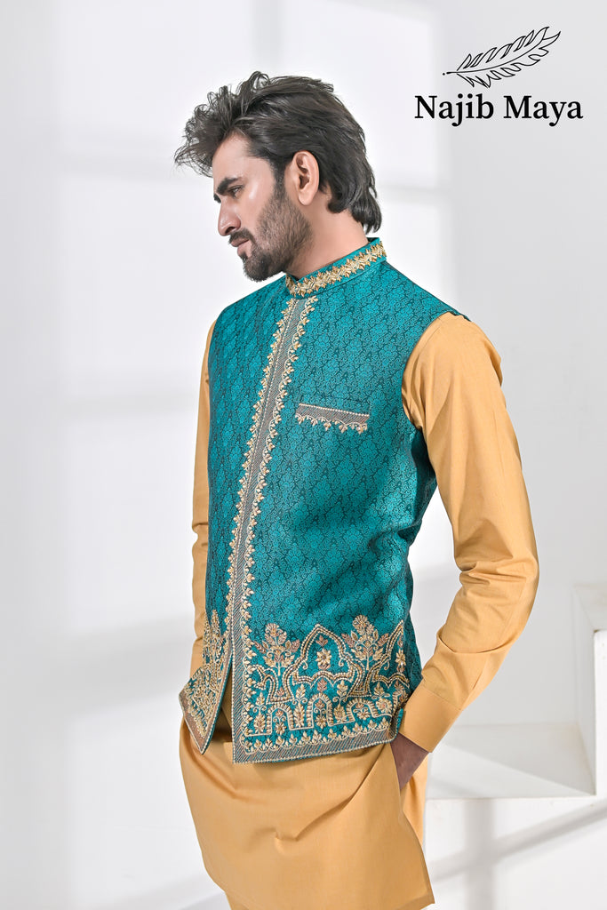 Green Embroidery + Handwork Waist Coat & Golden Kurta Pajama For Men's