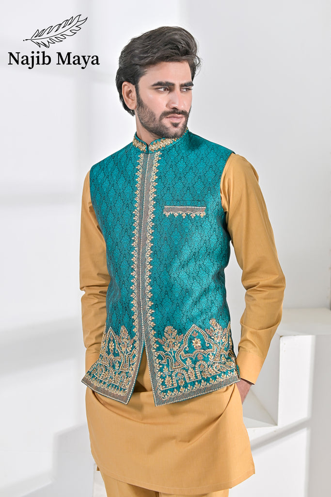 Green Embroidery + Handwork Waist Coat & Golden Kurta Pajama For Men's