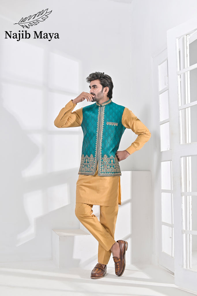 Green Embroidery + Handwork Waist Coat & Golden Kurta Pajama For Men's