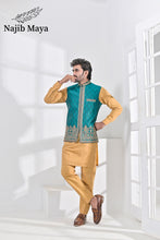 Load image into Gallery viewer, Green Embroidery + Handwork Waist Coat &amp; Golden Kurta Pajama For Men&#39;s