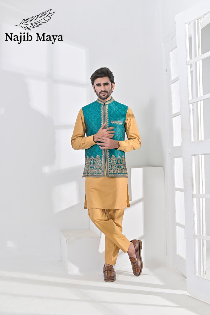 Green Embroidery + Handwork Waist Coat & Golden Kurta Pajama For Men's