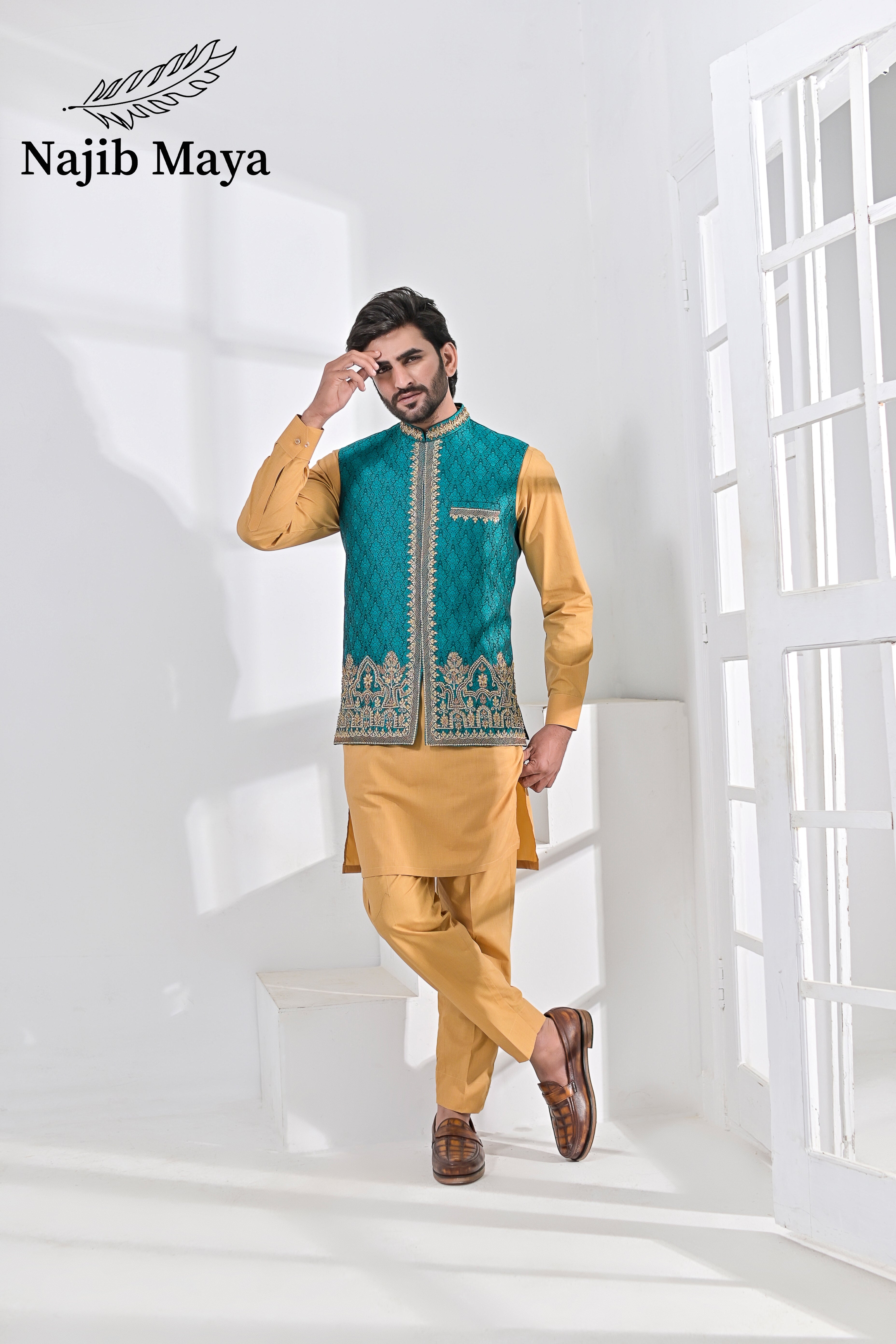 Green Embroidery + Handwork Waist Coat & Golden Kurta Pajama For Men's Main image