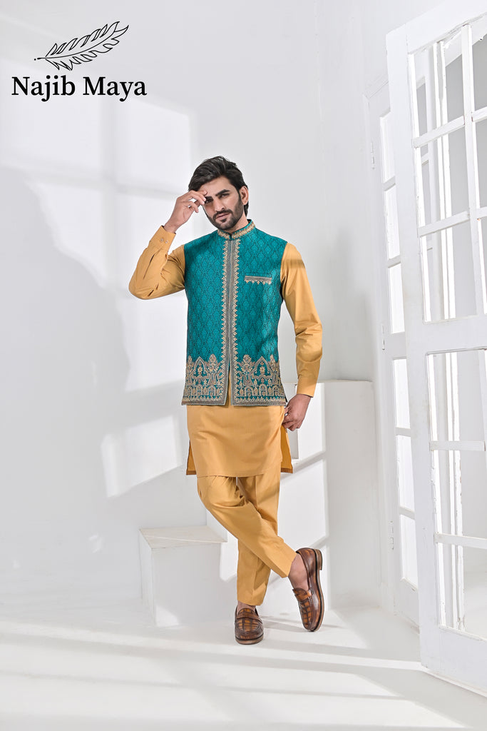 Green Embroidery + Handwork Waist Coat & Golden Kurta Pajama For Men's