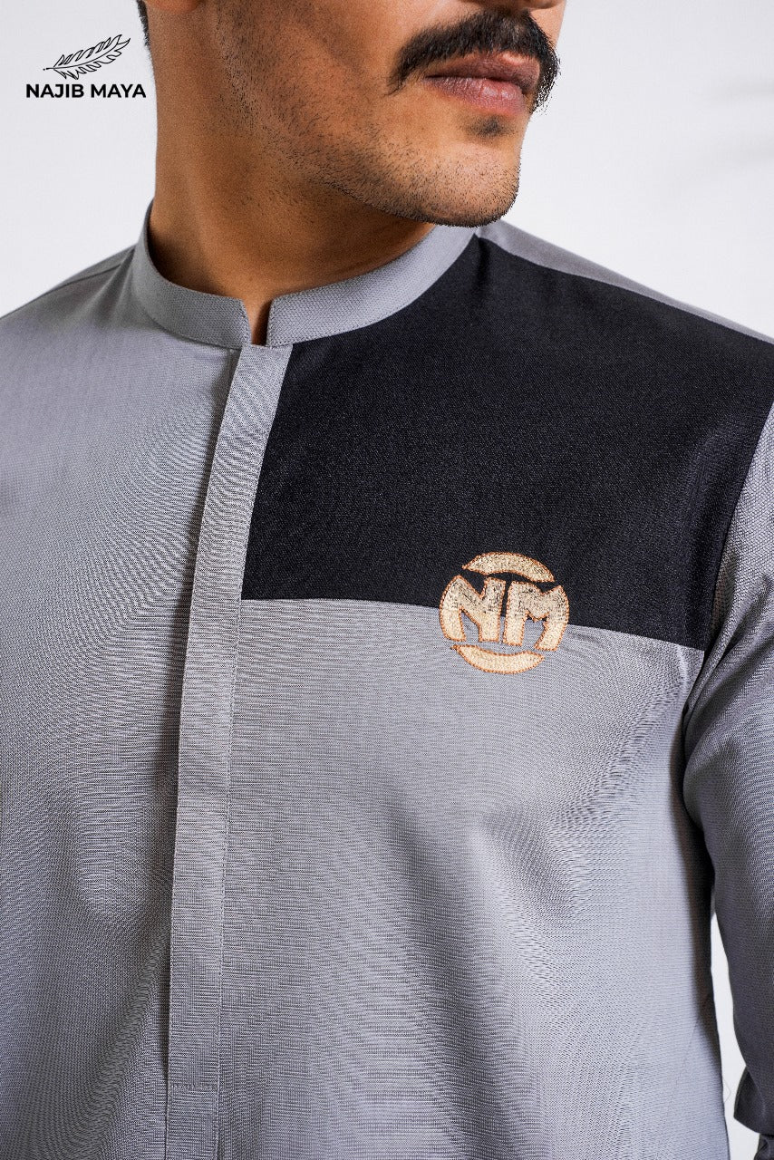Grey Embroidered Logo Kurta Pajama For Men's Secondary image