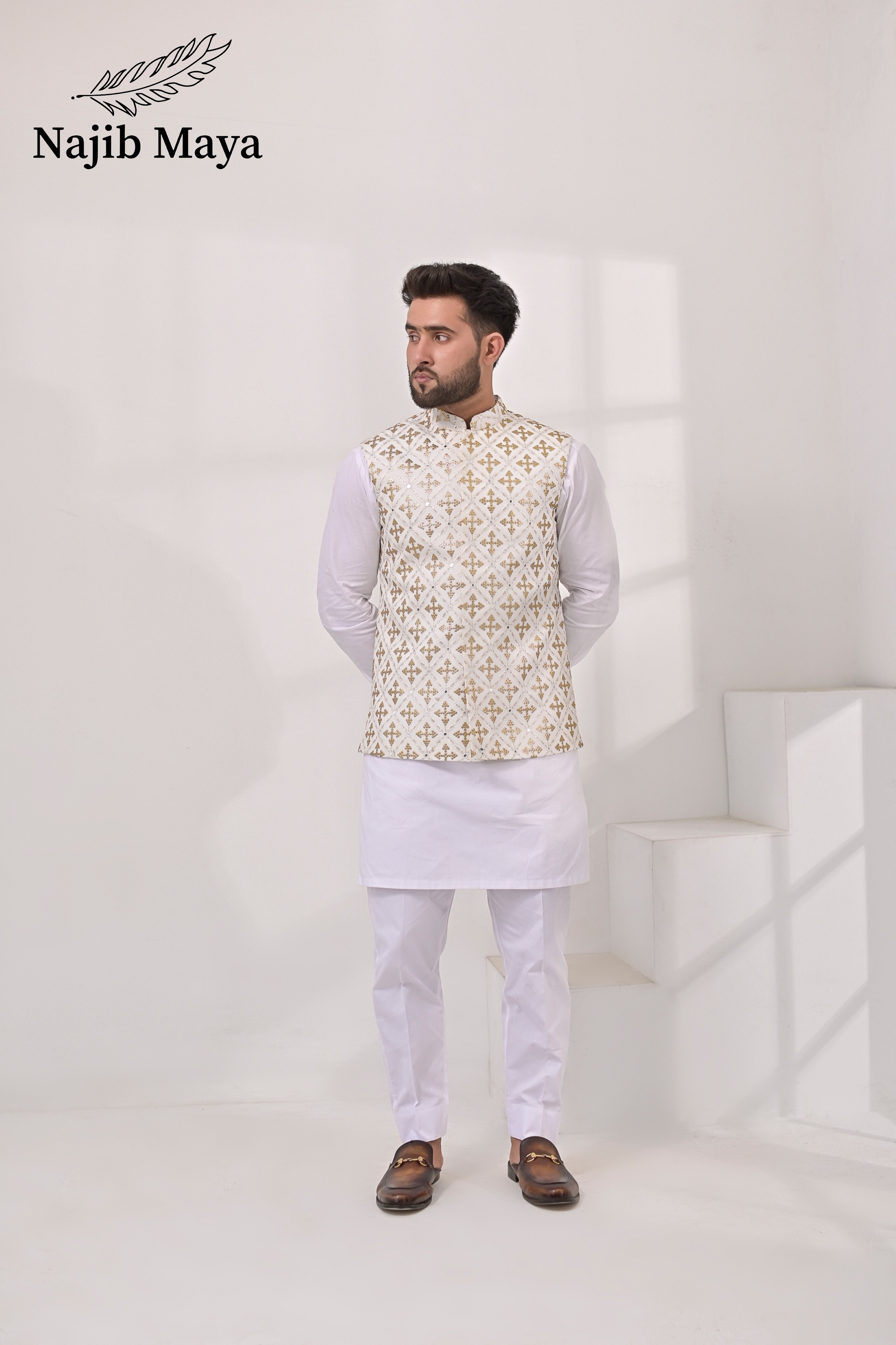 White Golden Embroidery Waist Coat & White Kurta Pajama For Men's Main image