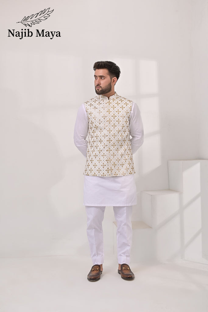 White Golden Embroidery Waist Coat & White Kurta Pajama For Men's