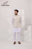 White Golden Embroidery Waist Coat & White Kurta Pajama For Men's