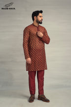 Maroon Golden Embroidery Sequence Kurta Pajama For Men's