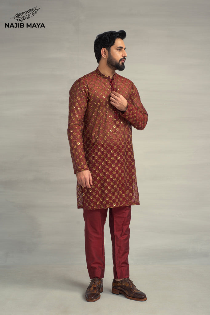 Maroon Golden Embroidery Sequence Kurta Pajama For Men's