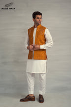 Mustard Hand Work Embroidery Waistcoat + White Kurta Pajama For Men's