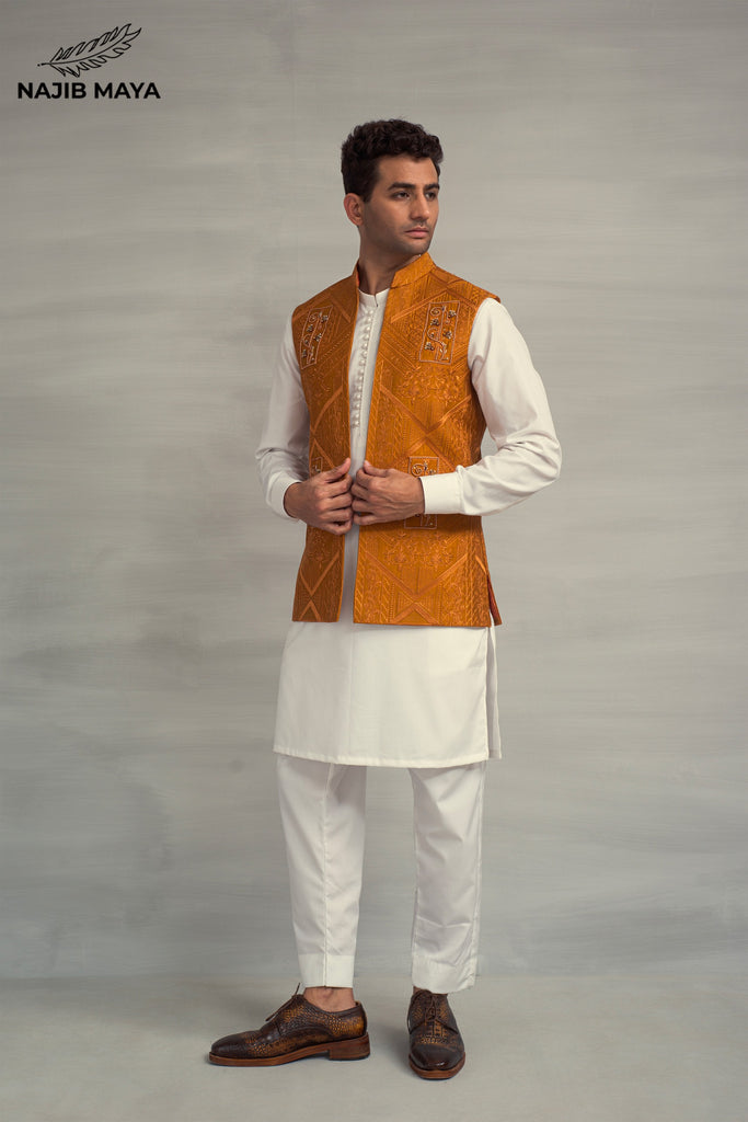 Mustard Hand Work Embroidery Waistcoat + White Kurta Pajama For Men's