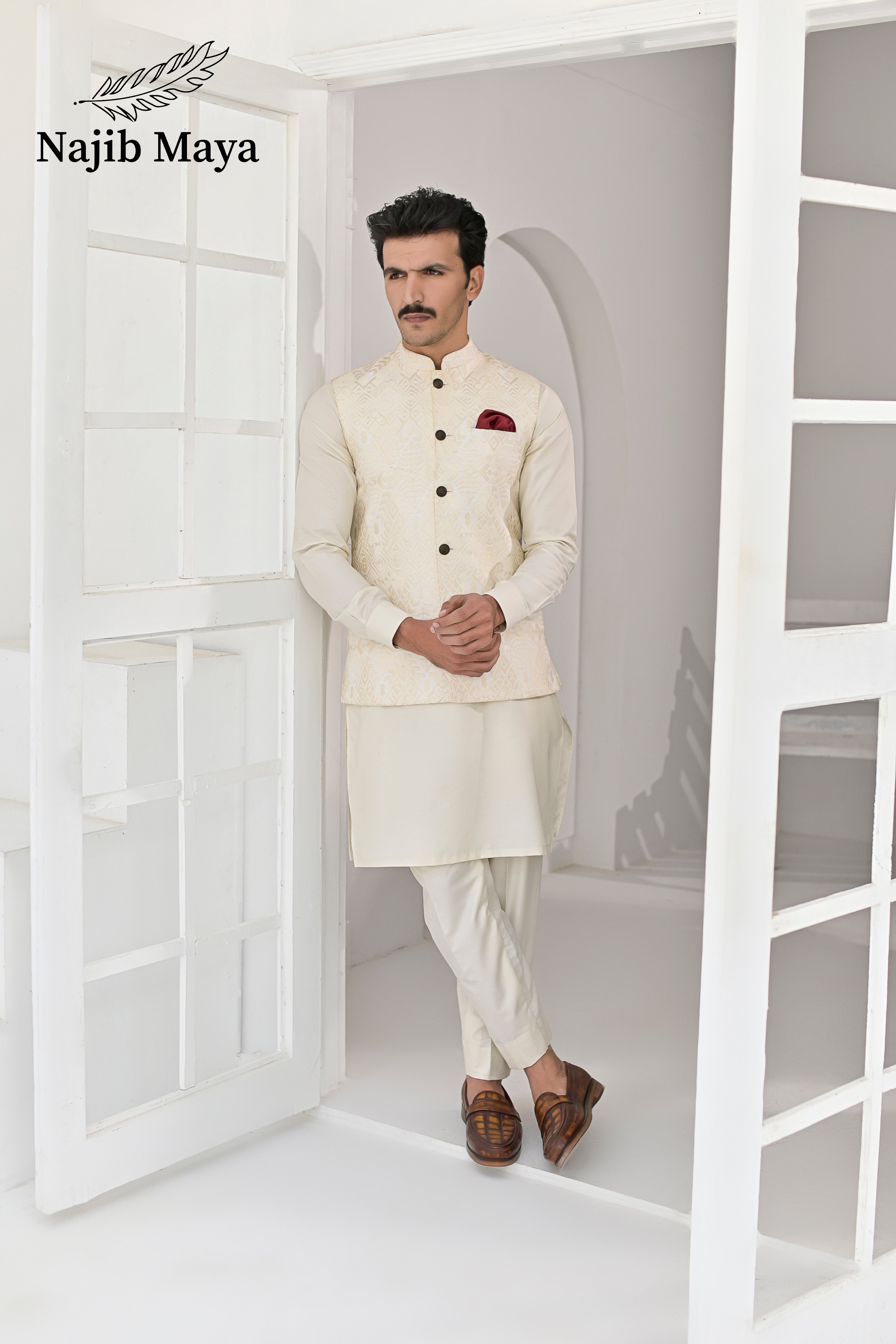 Cream Embroidery Waist Coat & Cream Kurta Pajama For Men's Main image