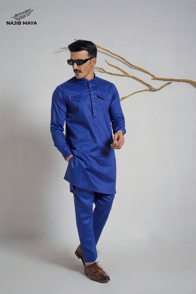 Royal Blue Pocket Style Kurta Pajama For Men's