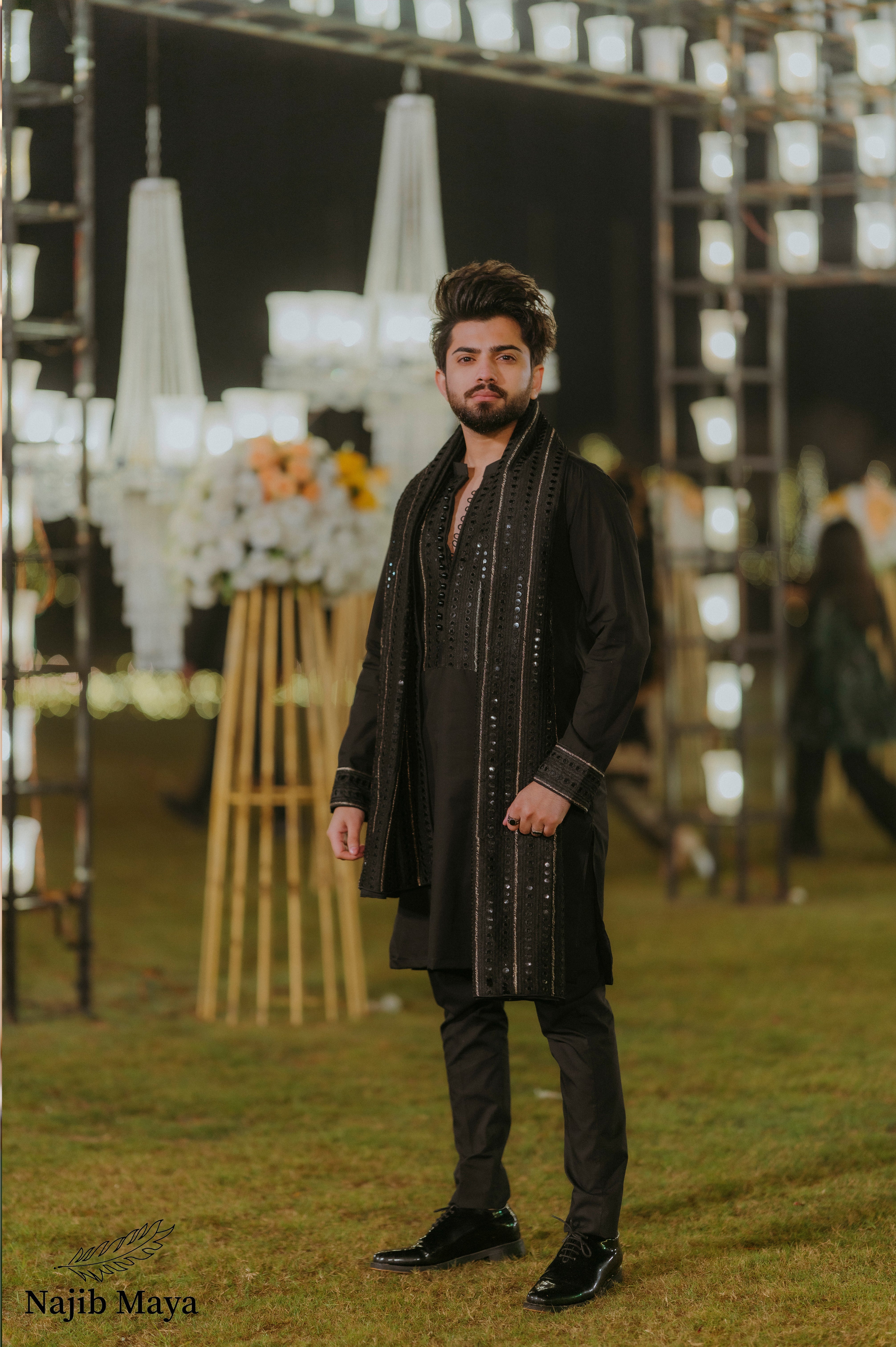 Black Sequence Embroidered Kurta Pajama For Men's Main image