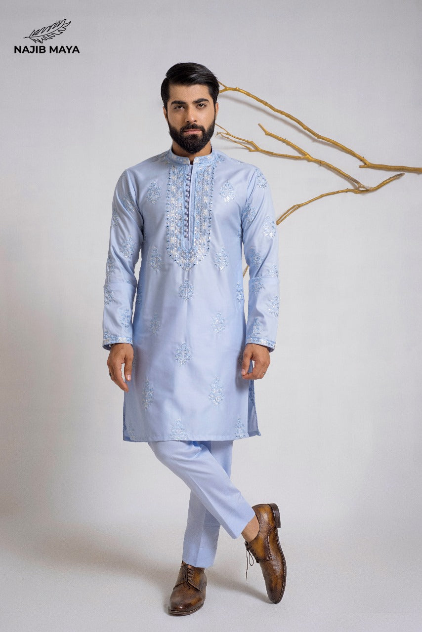 Ice Blue Stylish Embroidered Kurta Pajama For Men's Main image