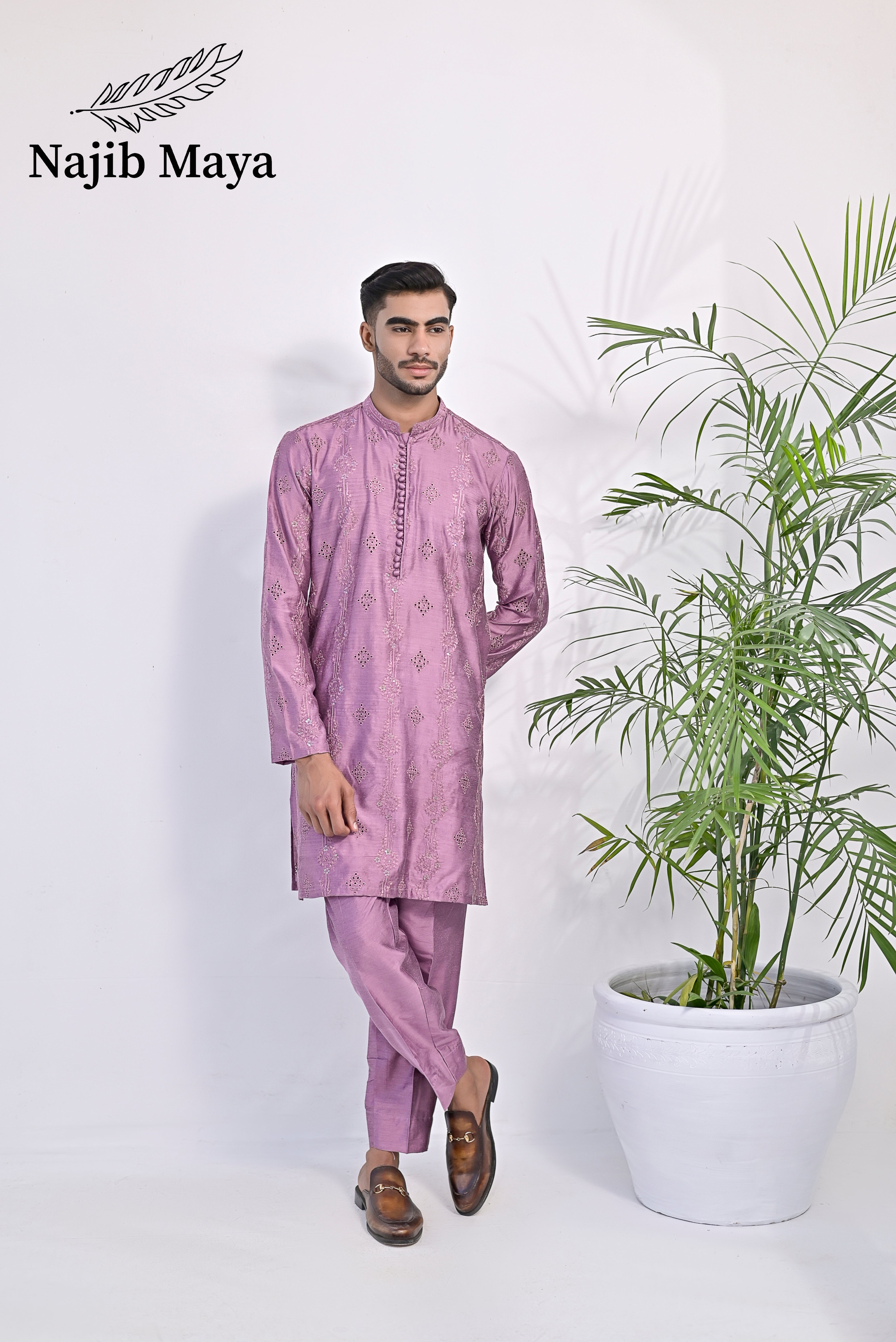Purple Embroidery Kurta Pajama For Men's Main image