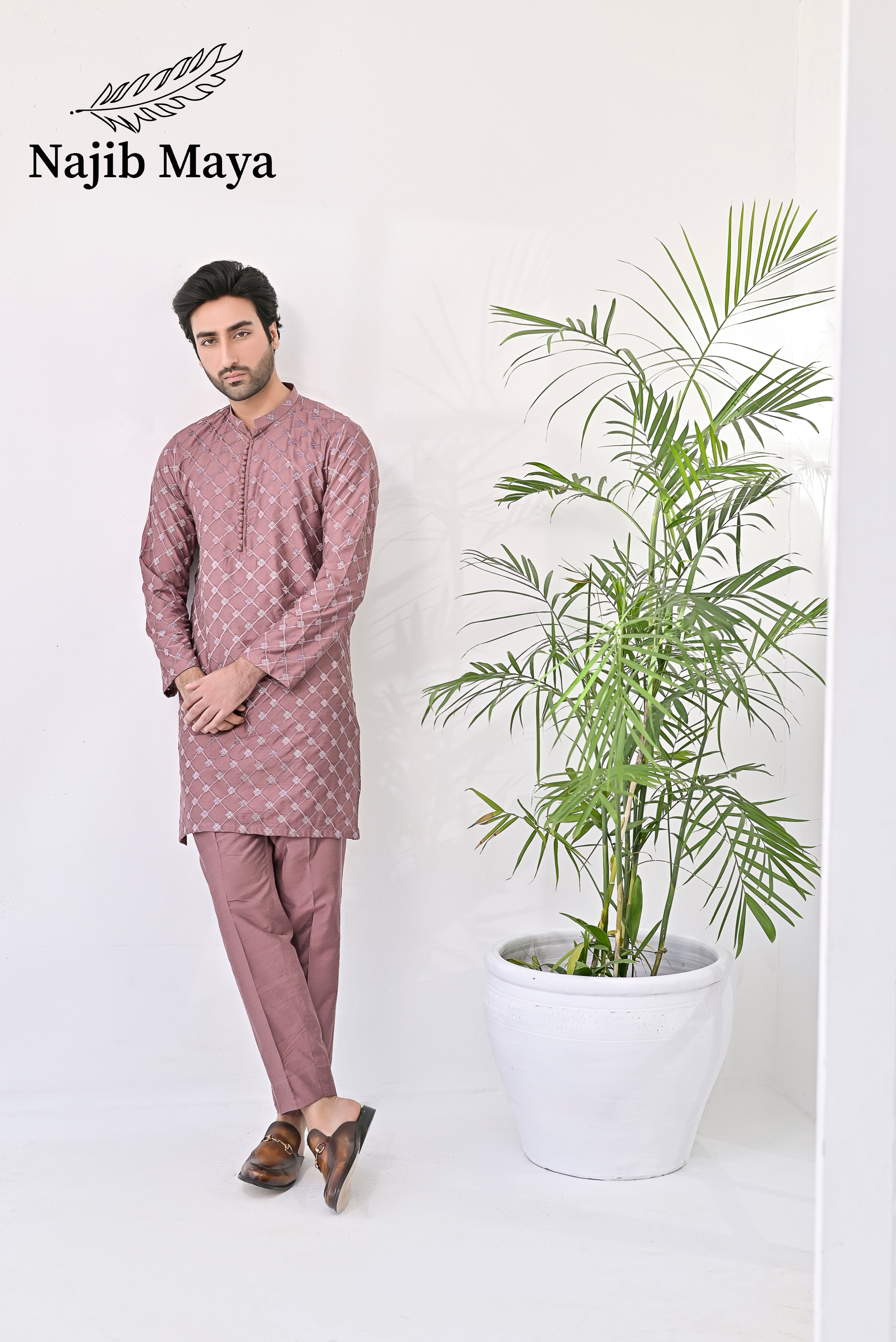 Peach Embroidery Kurta Pajama For Men's Main image