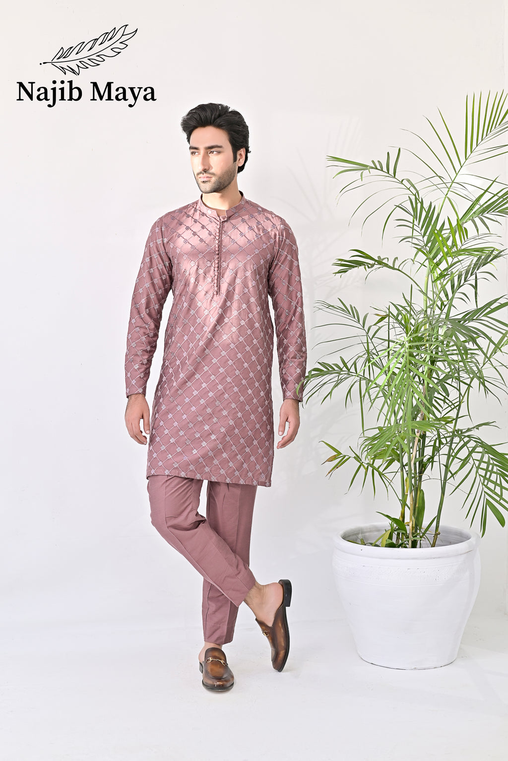 Peach Embroidery Kurta Pajama For Men's