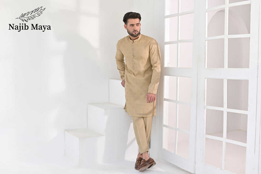 Beige Embroidered Kurta Pajama For Men's