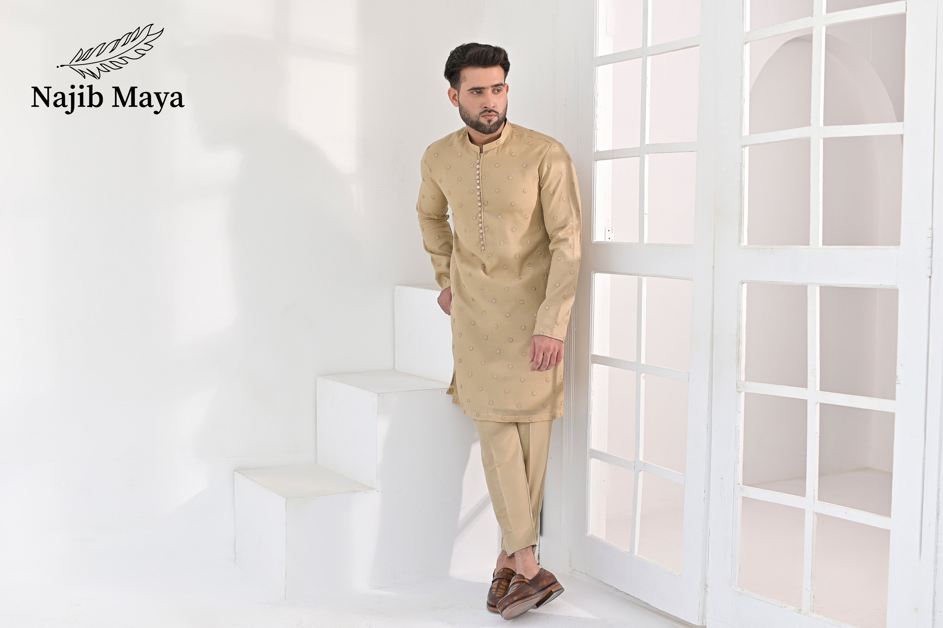 Beige Embroidered Kurta Pajama For Men's