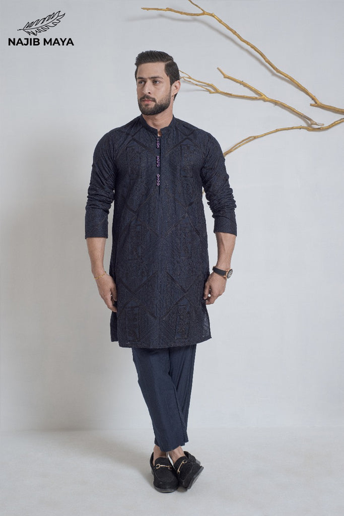 Navy Blue + Black Embroidery Kurta Pajama For Men's