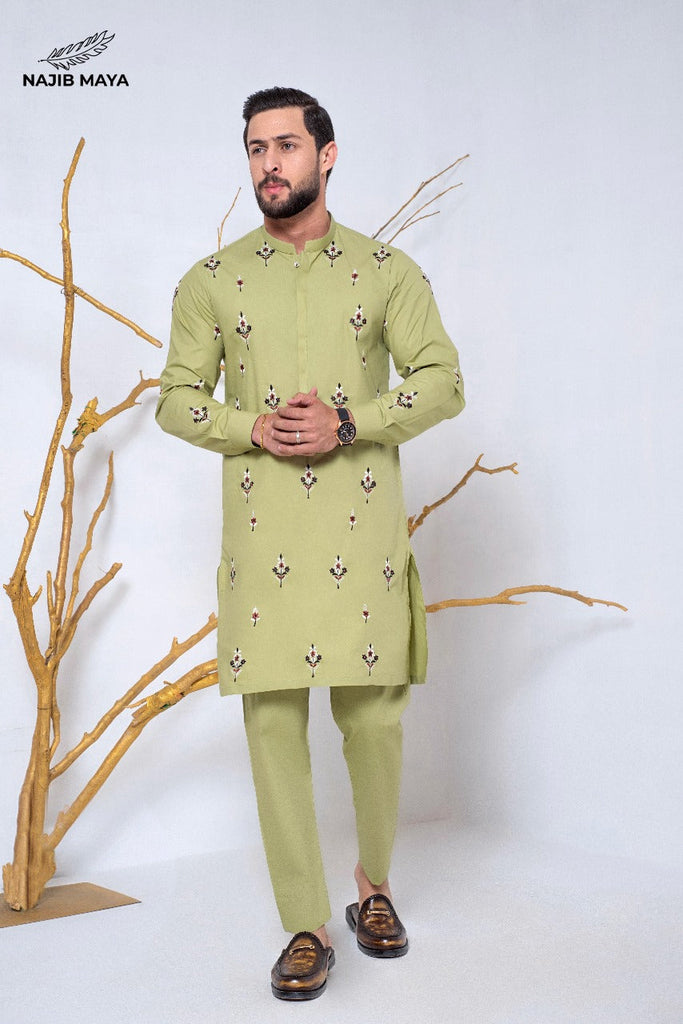 Pista Green Embroidered Kurta Pajama For Men's