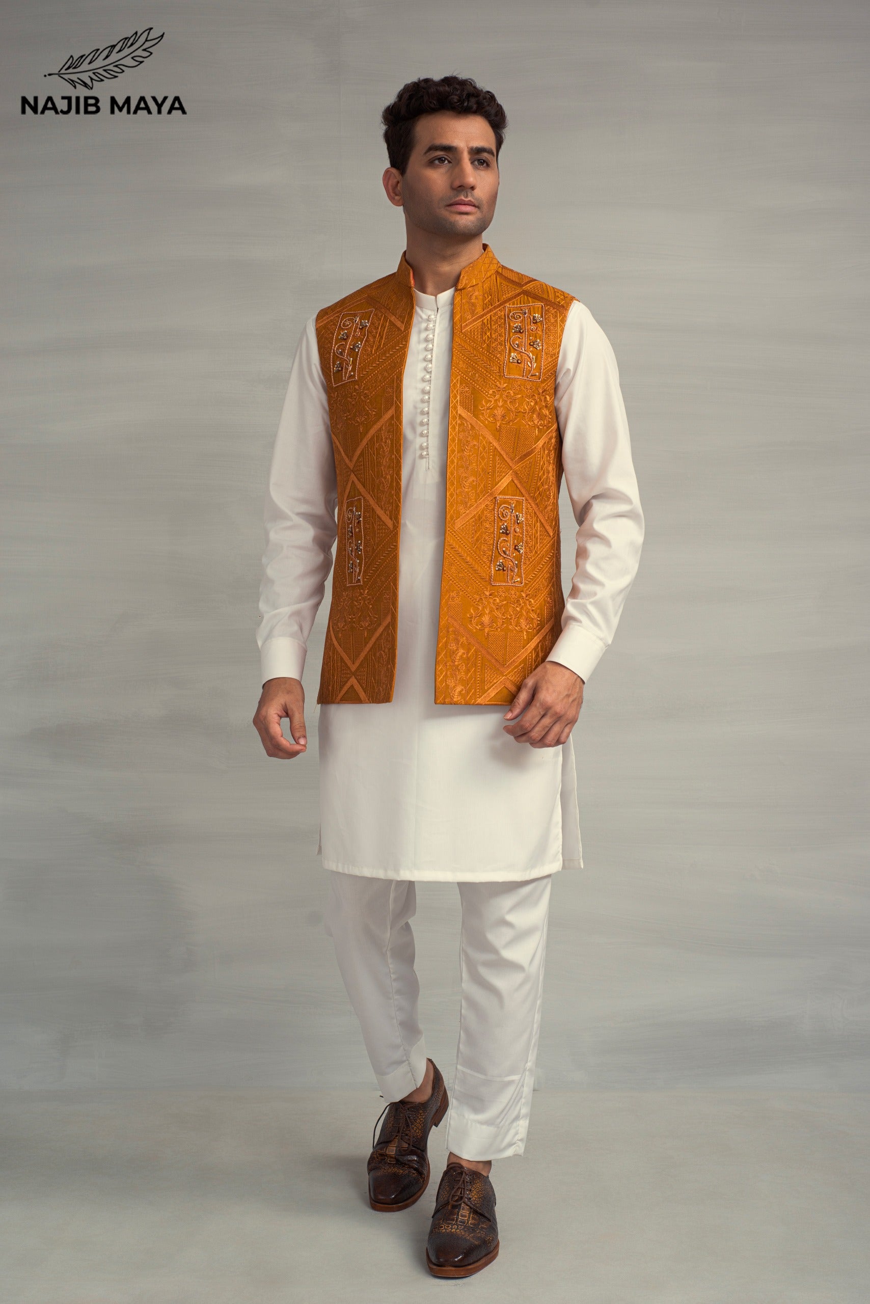 Mustard Hand Work Embroidery Waistcoat + White Kurta Pajama For Men's Main image