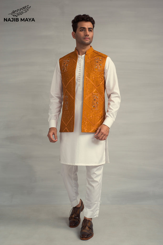 Mustard Hand Work Embroidery Waistcoat + White Kurta Pajama For Men's