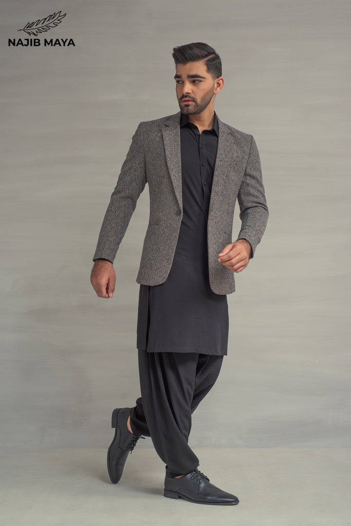 Grey Khaddar Casual Coat + Black Shalwar Kameez For Men's