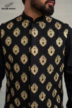 Black Golden Embroidery Waistcoat + Black Kurta Pajama For Men's