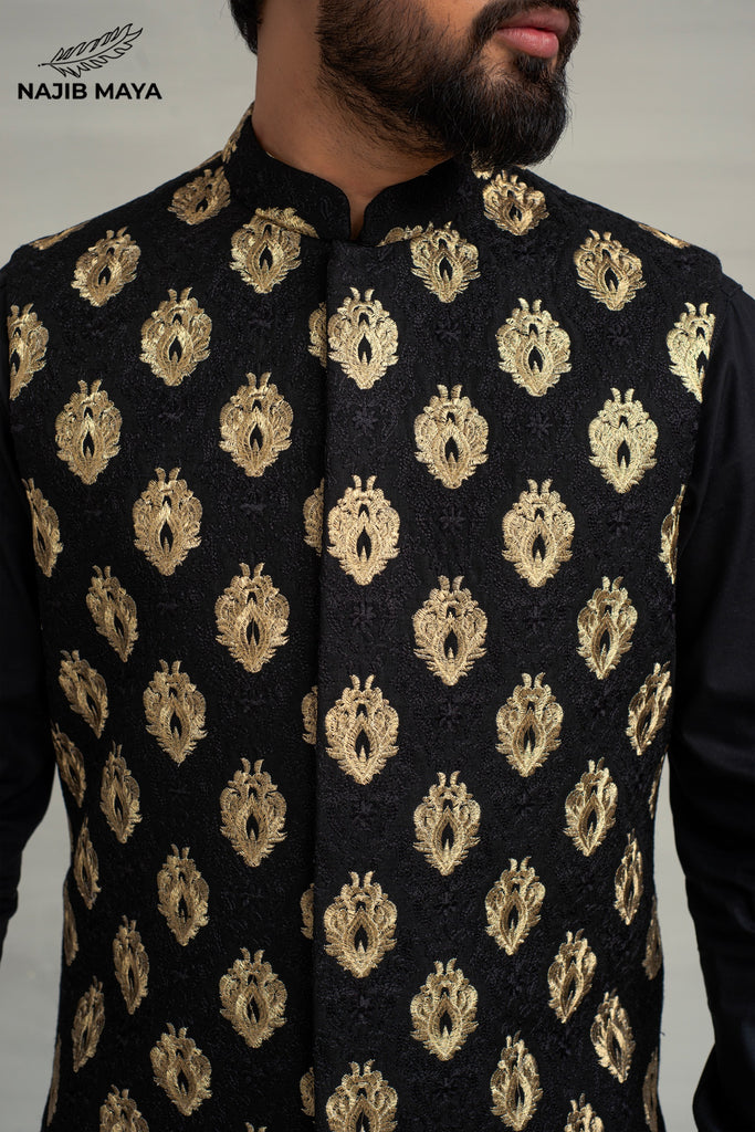 Black Golden Embroidery Waistcoat + Black Kurta Pajama For Men's