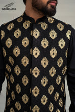 Load image into Gallery viewer, Black Golden Embroidery Waistcoat + Black Kurta Pajama For Men&#39;s