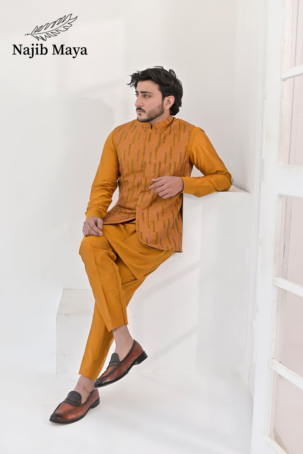 Mustard Embroidery Waist Coat & Mustard Kurta Pajama For Men's
