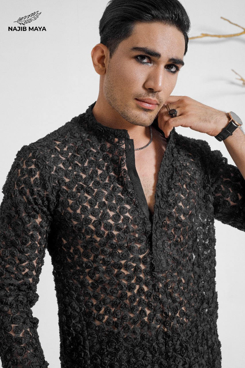 Black Stylish Net Kurta With Dhaka Pajama For Men's