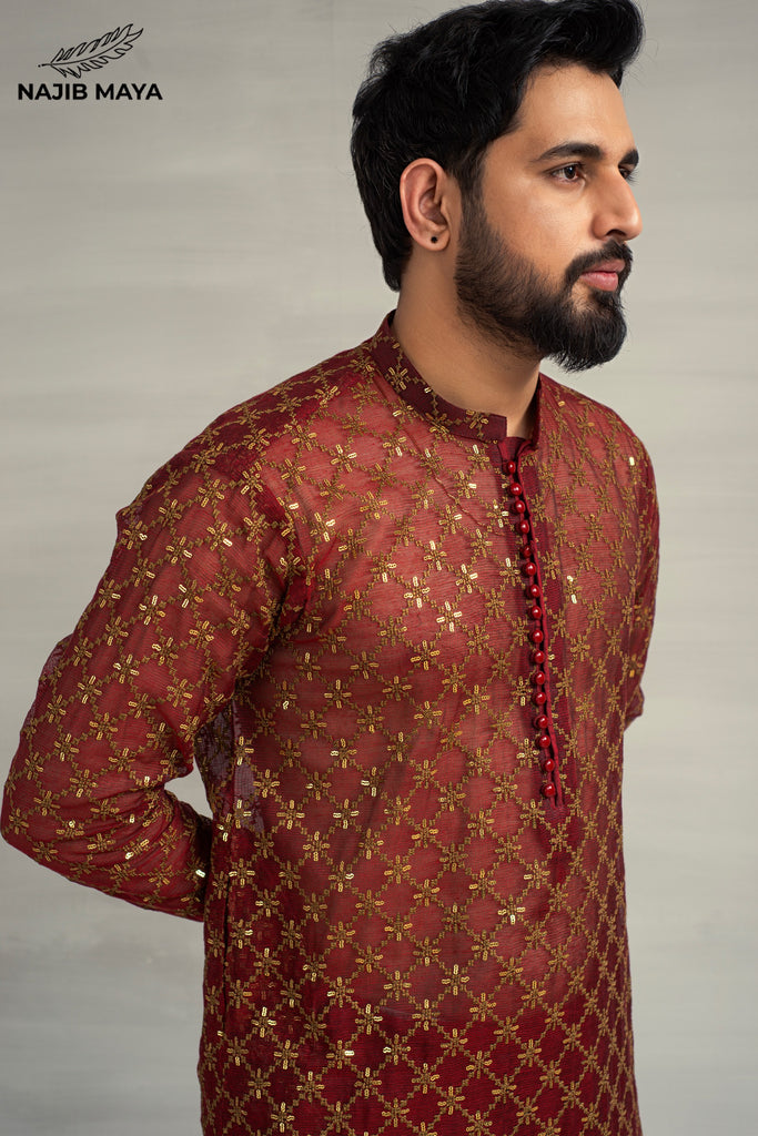 Maroon Golden Embroidery Sequence Kurta Pajama For Men's