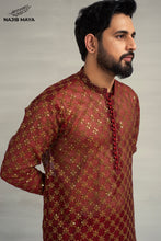 Load image into Gallery viewer, Maroon Golden Embroidery Sequence Kurta Pajama For Men&#39;s