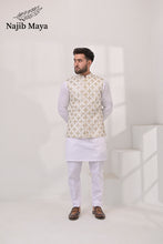 Load image into Gallery viewer, White Golden Embroidery Waist Coat &amp; White Kurta Pajama For Men&#39;s