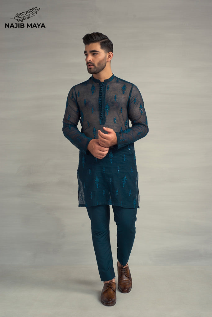 Till Blue Embroidery Kurta Pajama For Men's