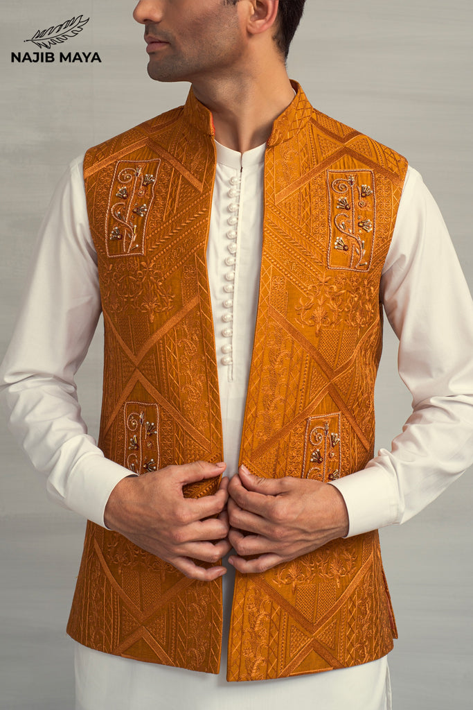 Mustard Hand Work Embroidery Waistcoat + White Kurta Pajama For Men's