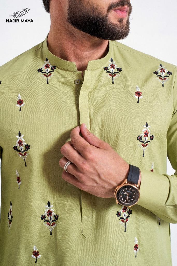 Pista Green Embroidered Kurta Pajama For Men's