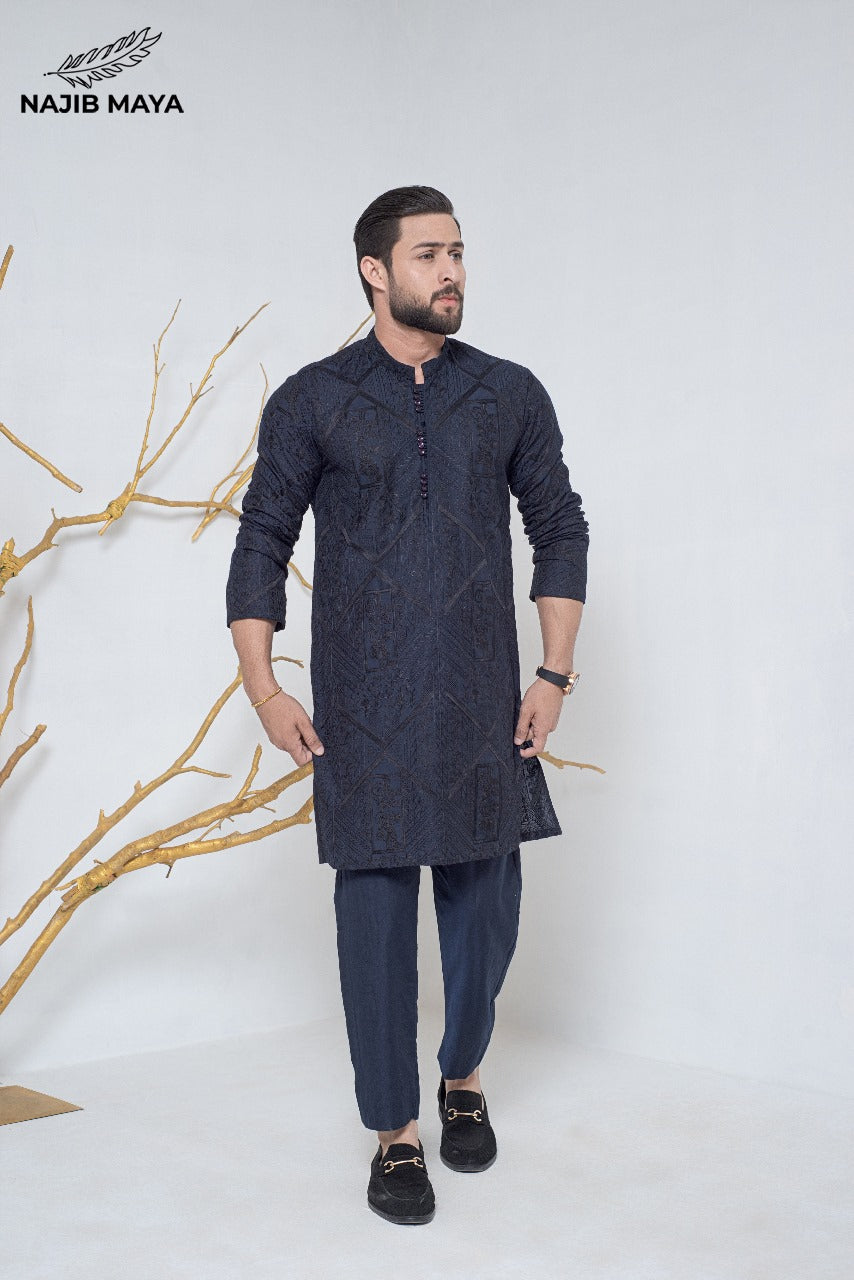 Navy Blue + Black Embroidery Kurta Pajama For Men's Main image